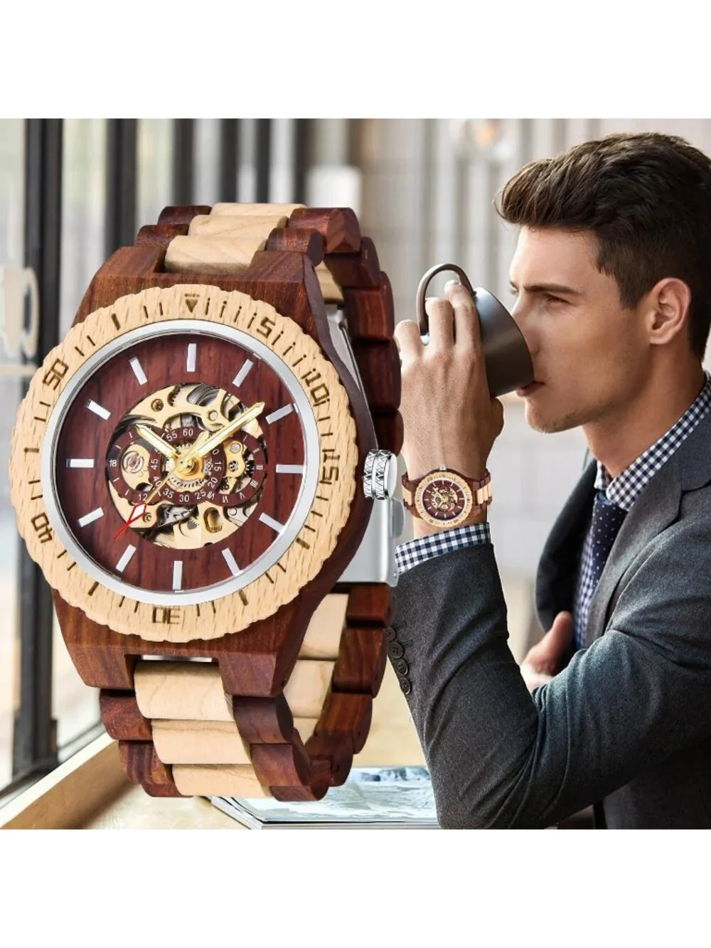 Men's Red And Beige Analog No Battery Fashion Mechanical Movement Wooden Watch